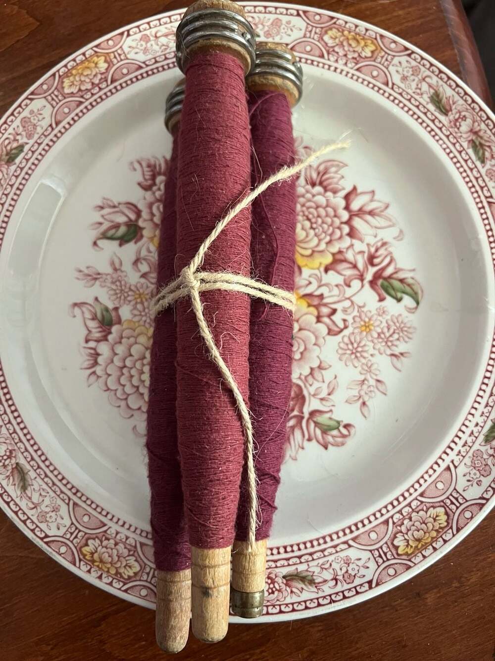 Set of 3 Vintage Wooden Textile Quills with Deep Red Yarn